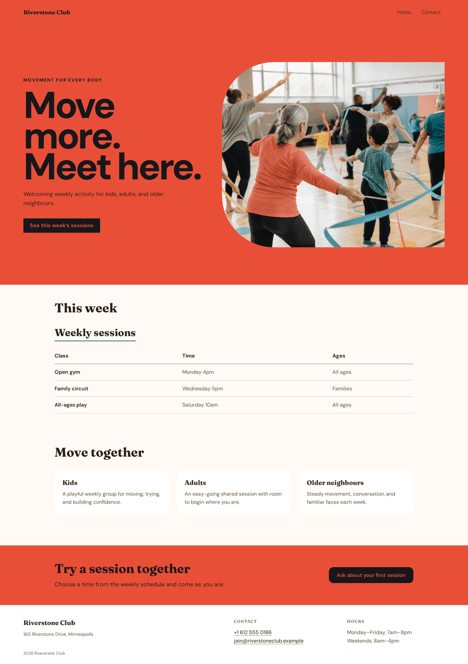 Riverstone family activity homepage with a warm action hero, age-banded programs, visible schedule, instructor proof, and trial invitation.