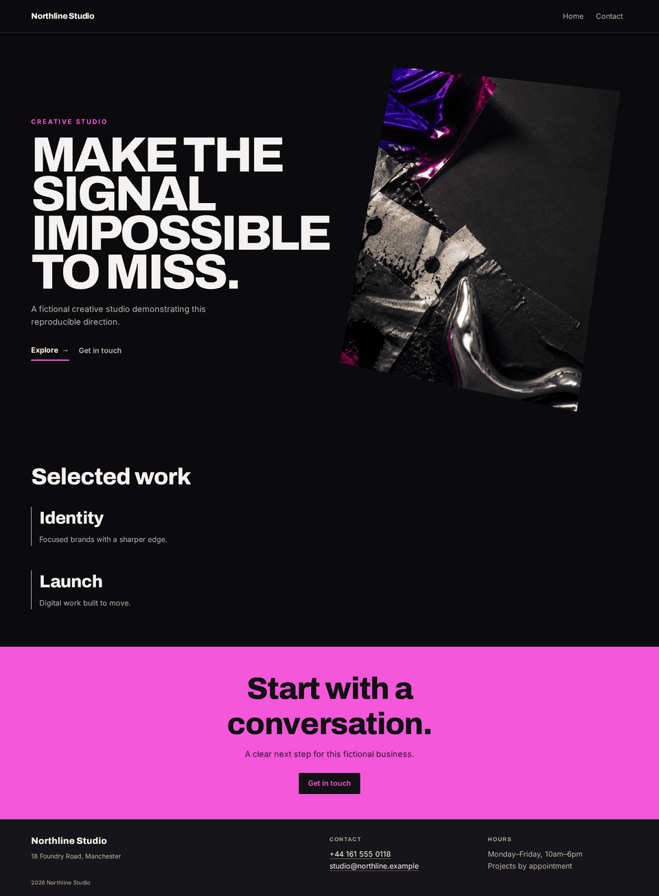 Northline creative studio homepage with an oversized dark hero, sharp project grid, large proof figures, and vivid call to action.