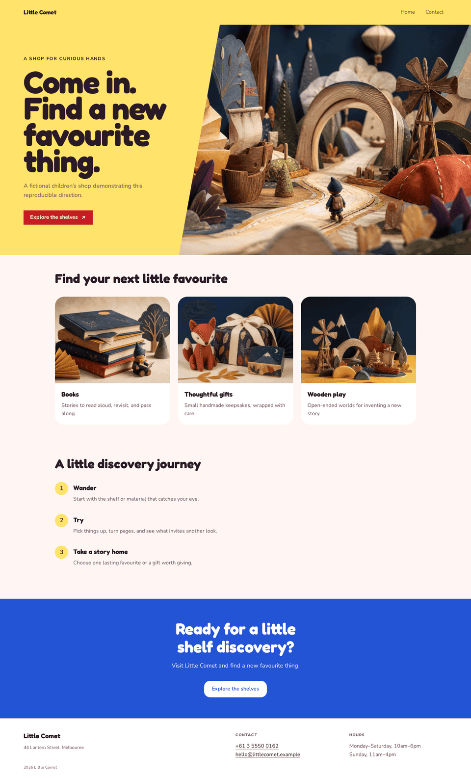 Little Comet family shop homepage with a bright sticker hero, pill-shaped categories, cheerful product imagery, and friendly reviews.