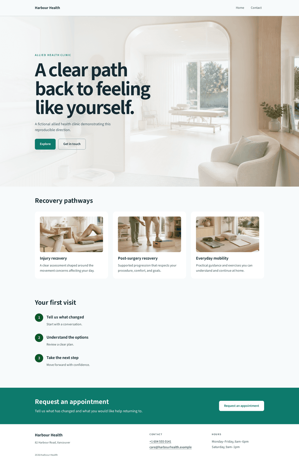 Harbour Health clinic homepage with a calm booking-led hero, clear services, treatment steps, credentials, and contact path.