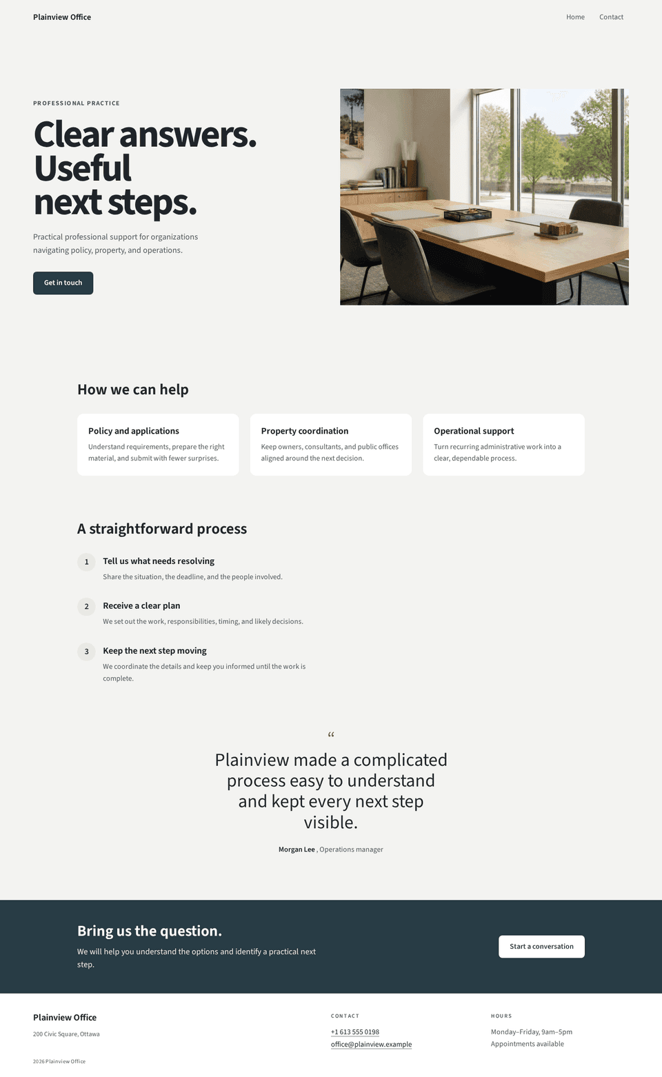 Plainview professional homepage with a neutral reassuring hero, clear services, simple steps, testimonial proof, and contact invitation.