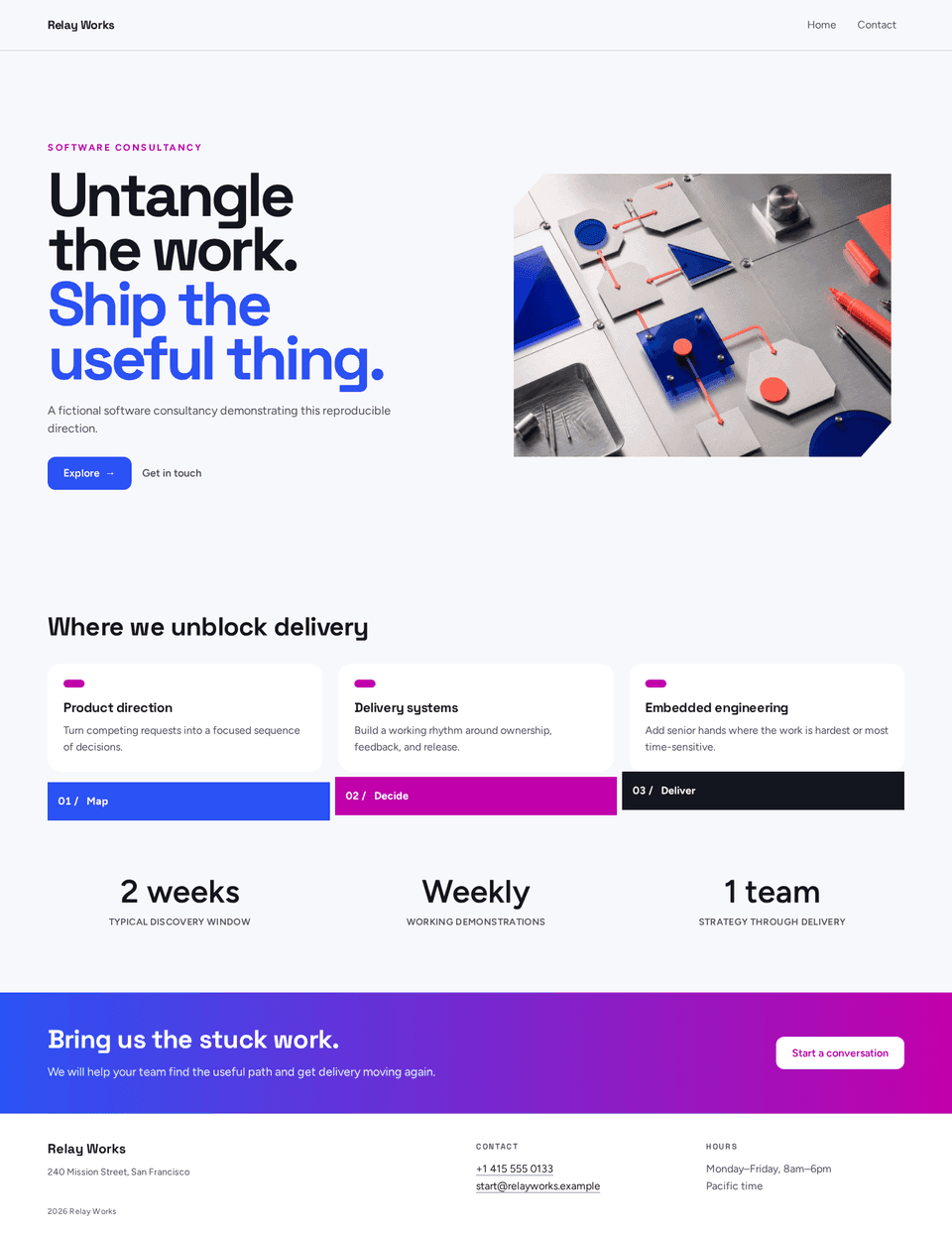 Relay Works software consultancy homepage with an energetic split hero, feature grid, numbered process, and proof-led call to action.