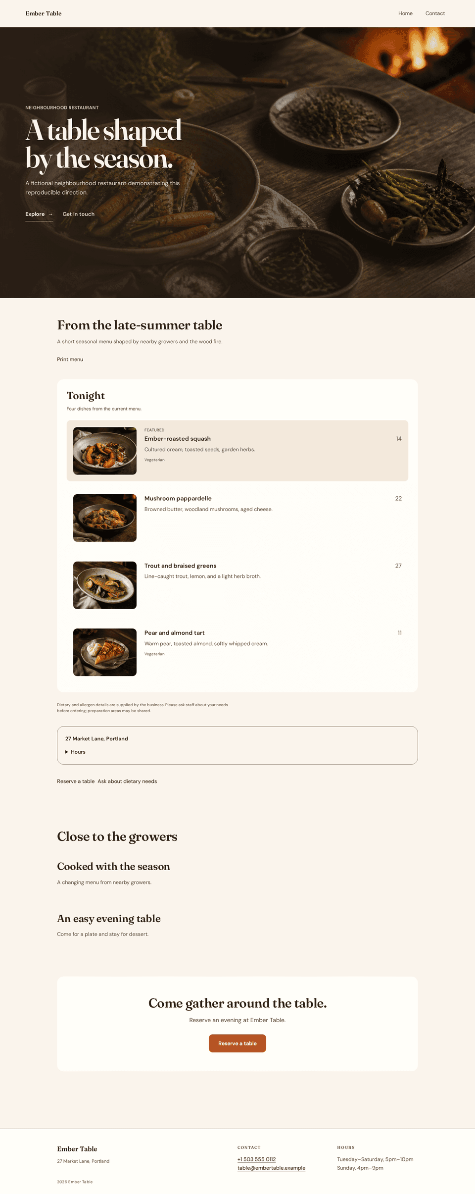 Ember Table restaurant homepage with warm imagery, seasonal menu highlights, a welcoming quote, and opening details.