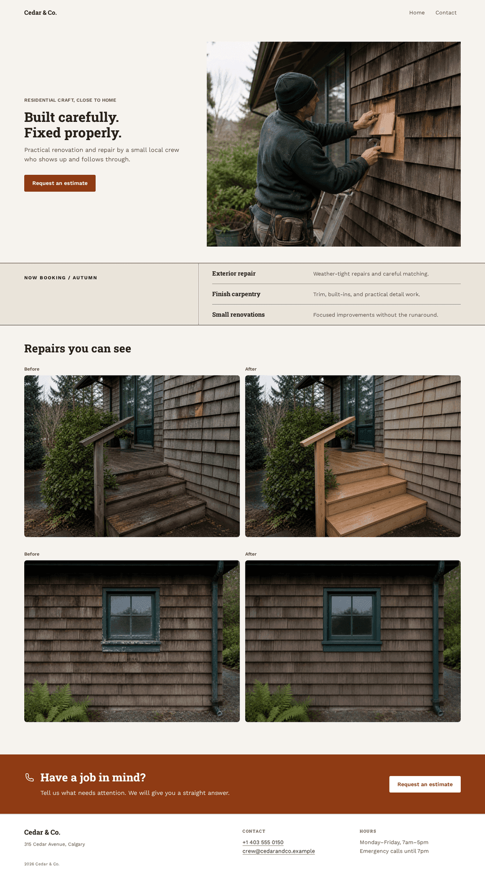 Cedar & Co. local services homepage with a phone-first badge hero, practical service list, work evidence, and estimate invitation.