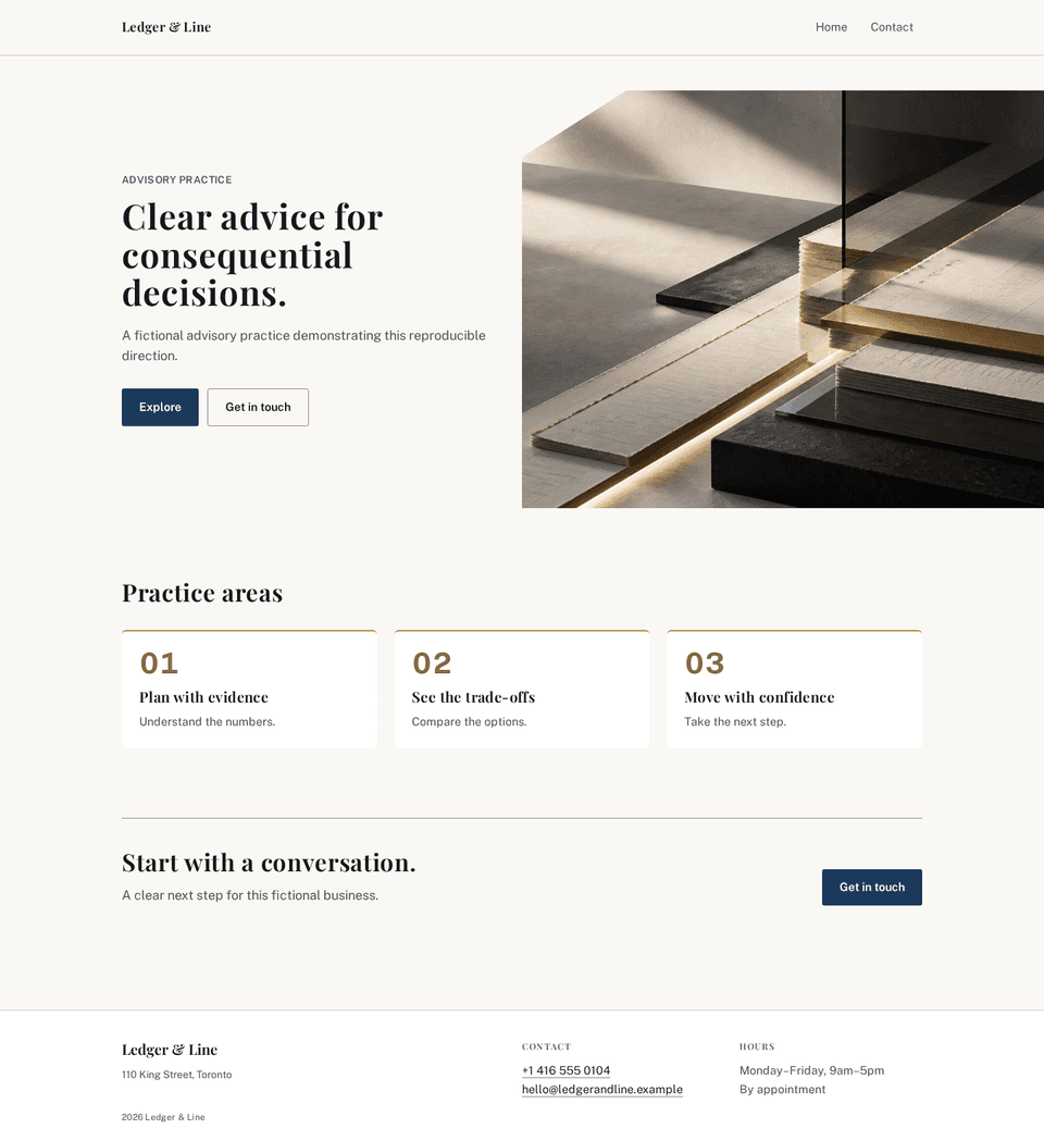 Ledger & Line advisory homepage with a formal masthead, structured services, credentials, and a restrained contact invitation.