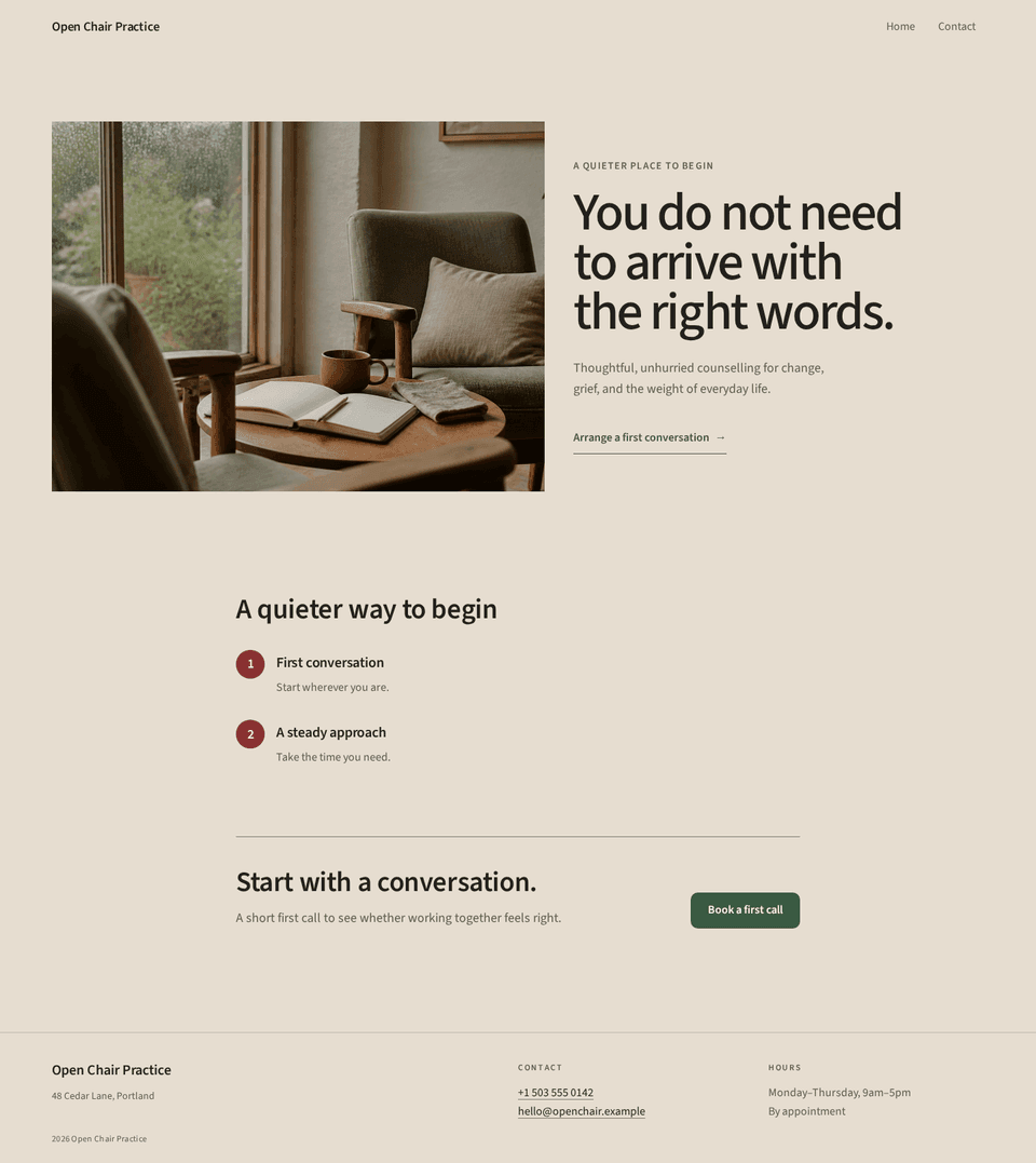 Open Chair counselling homepage with a portrait-led introduction, clear method, credentials, common questions, and gentle consultation invitation.