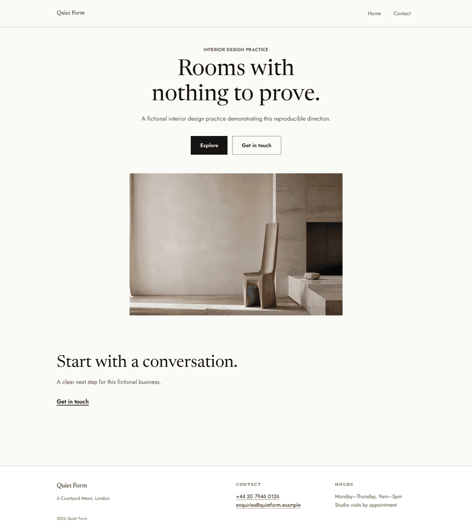Quiet Form interiors homepage with a centered opening, sparse project imagery, an airy story, and an understated enquiry link.