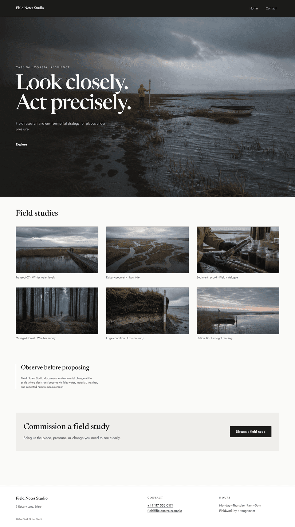 Field Notes photography homepage led by an edge-to-edge image, a project index, client strip, and concise commission invitation.