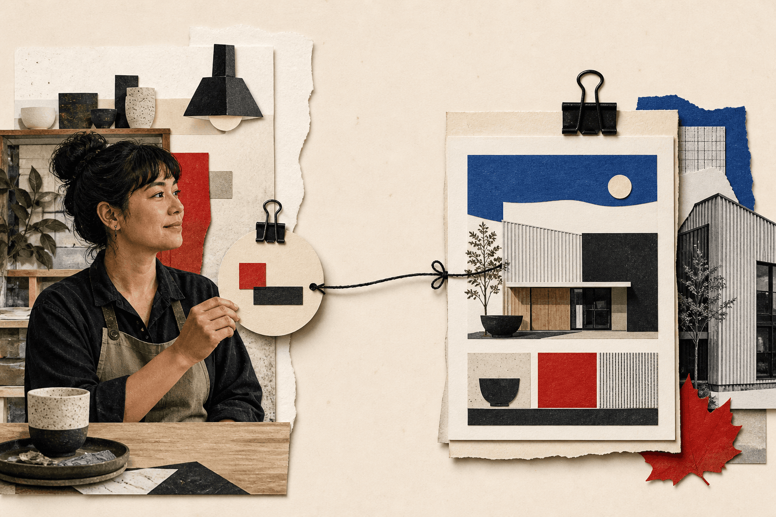 A Canadian ceramicist connected by thread to a finished website design collage