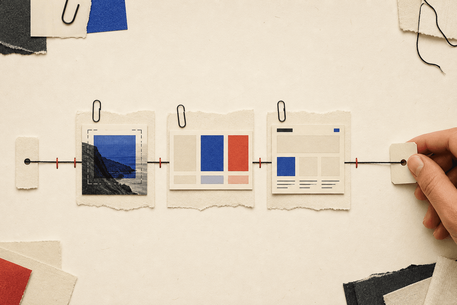 A measured sequence of paper website work connected along a single thread