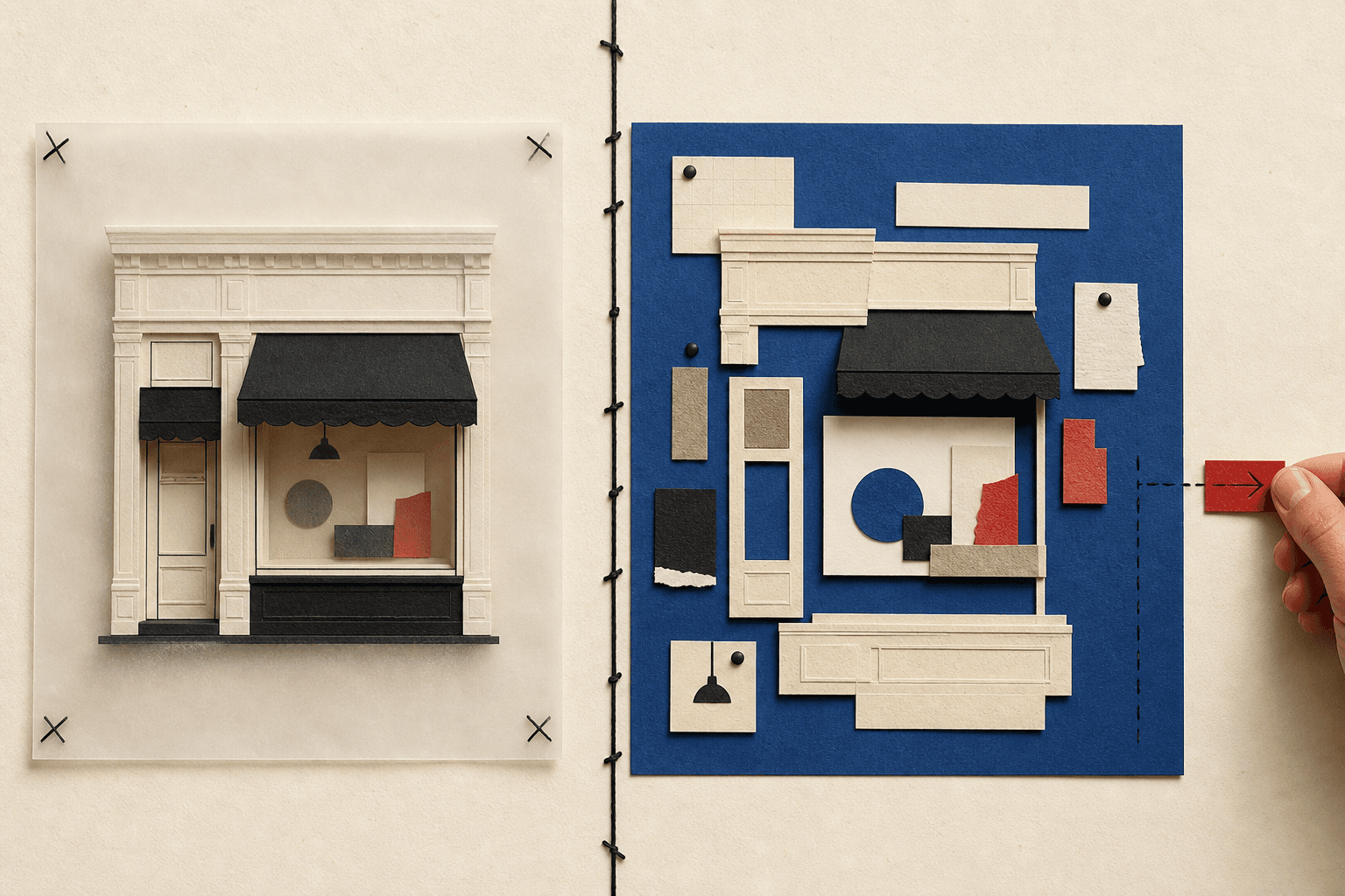 A paper storefront shown as a protected live version beside a draft being prepared