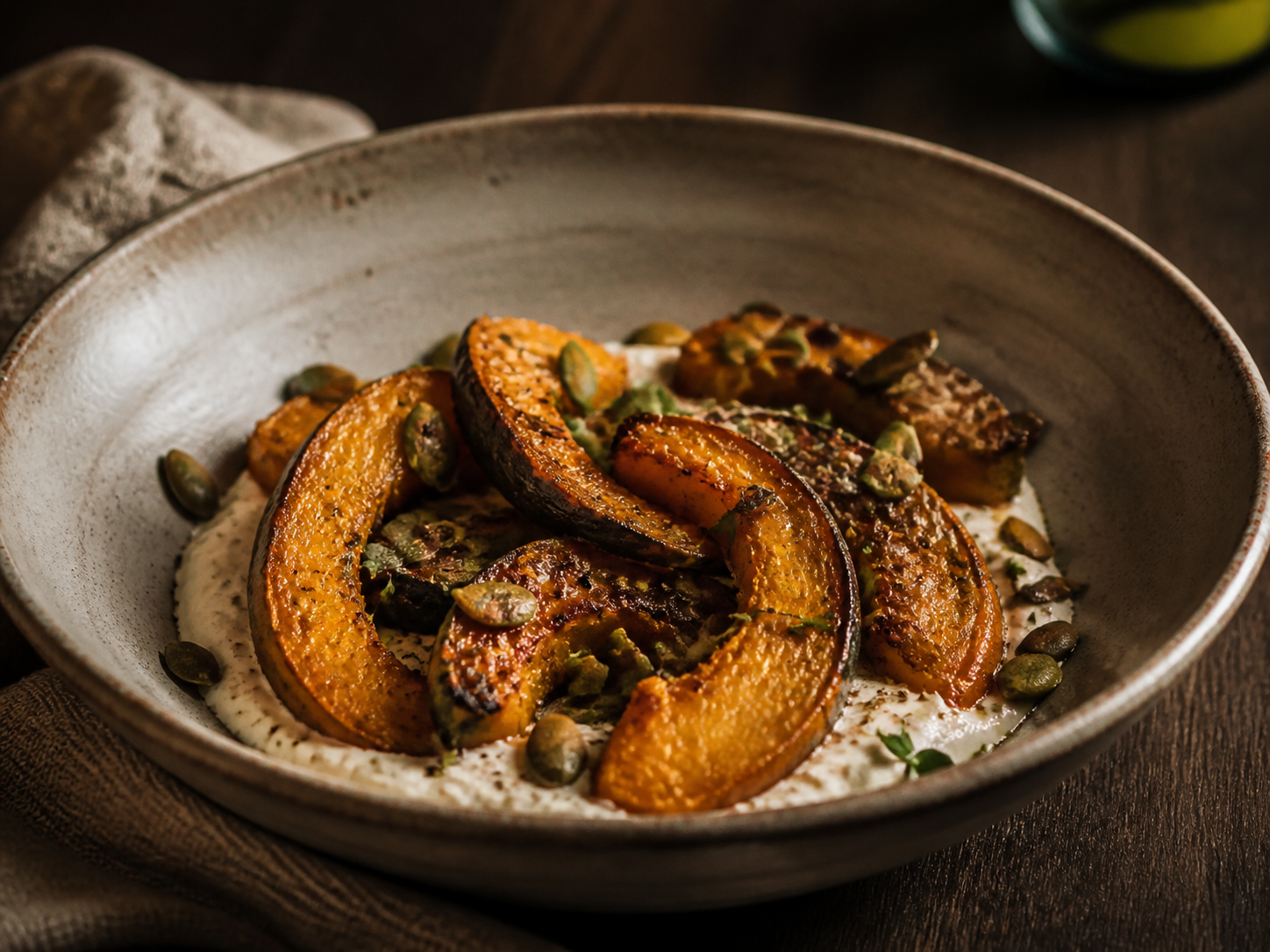 Ember-roasted squash in handmade stoneware