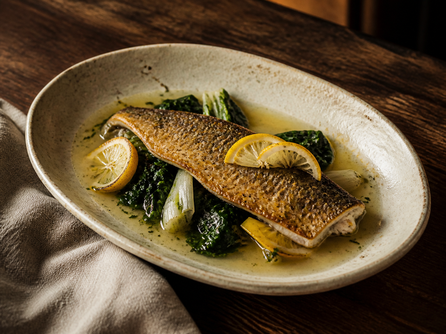 Crisp-skinned trout with greens and lemon
