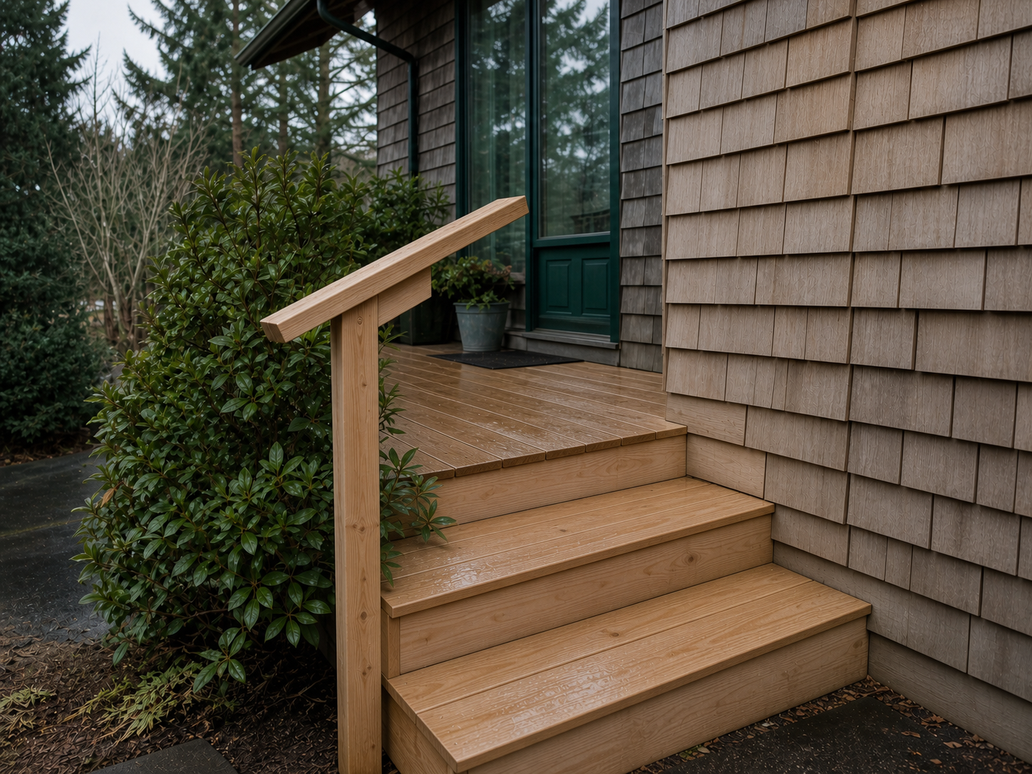 Porch after cedar boards, steps, handrail, and shingles were repaired