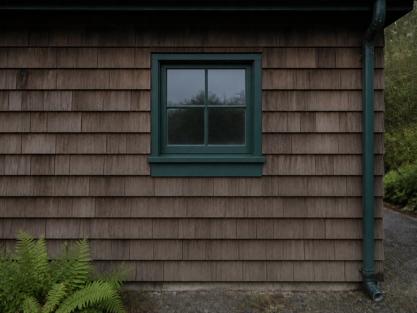 Workshop window, trim, shingles, and downspout after repair