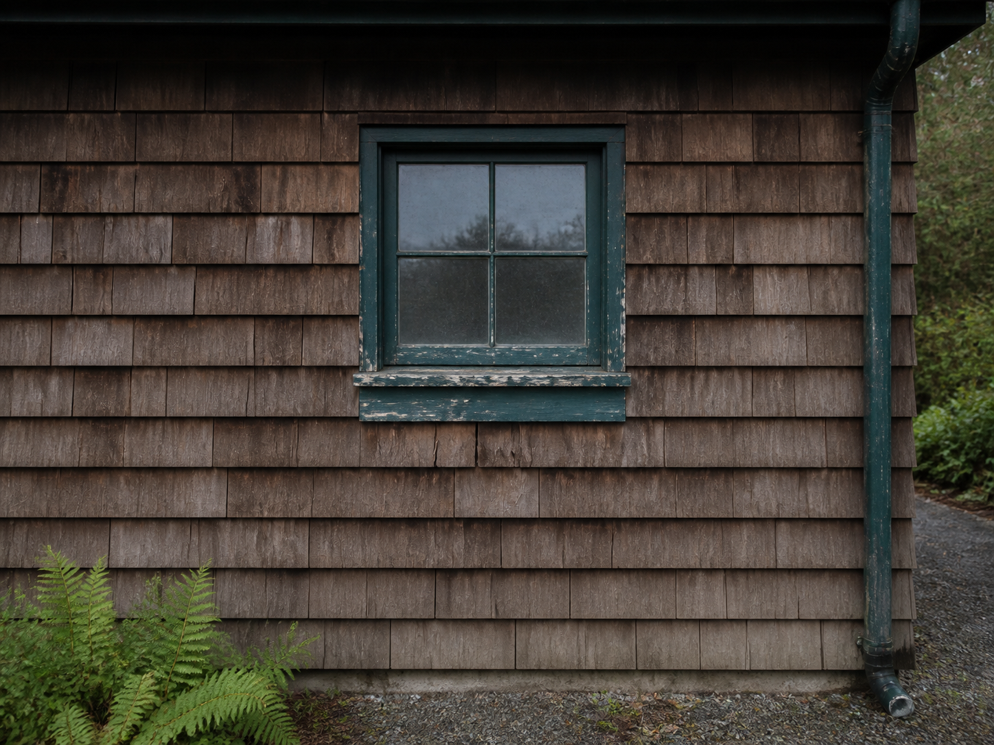 Workshop window and cedar shingles before repair