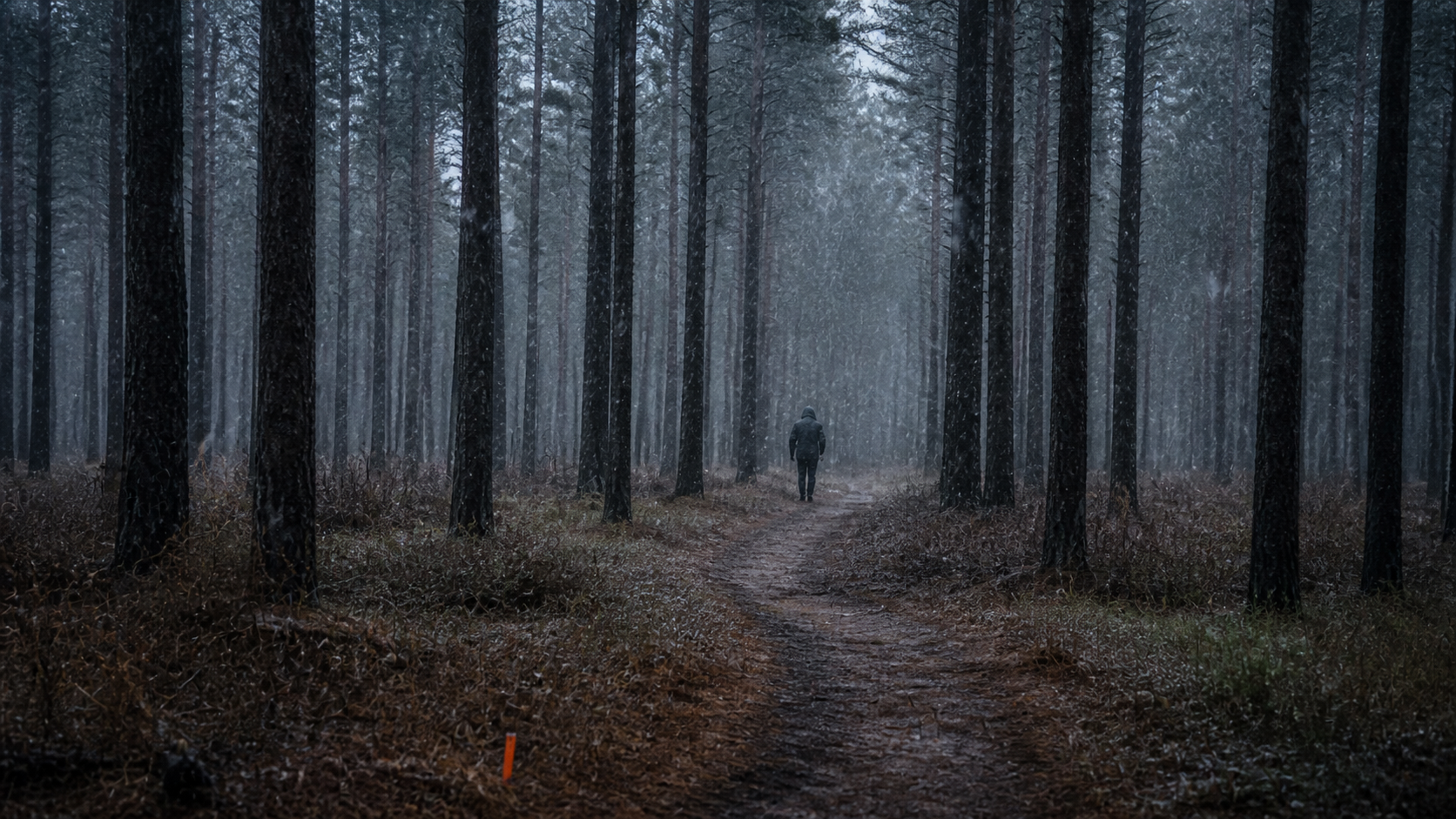 Fieldworker on a monitoring path through a coastal pine forest in sleet