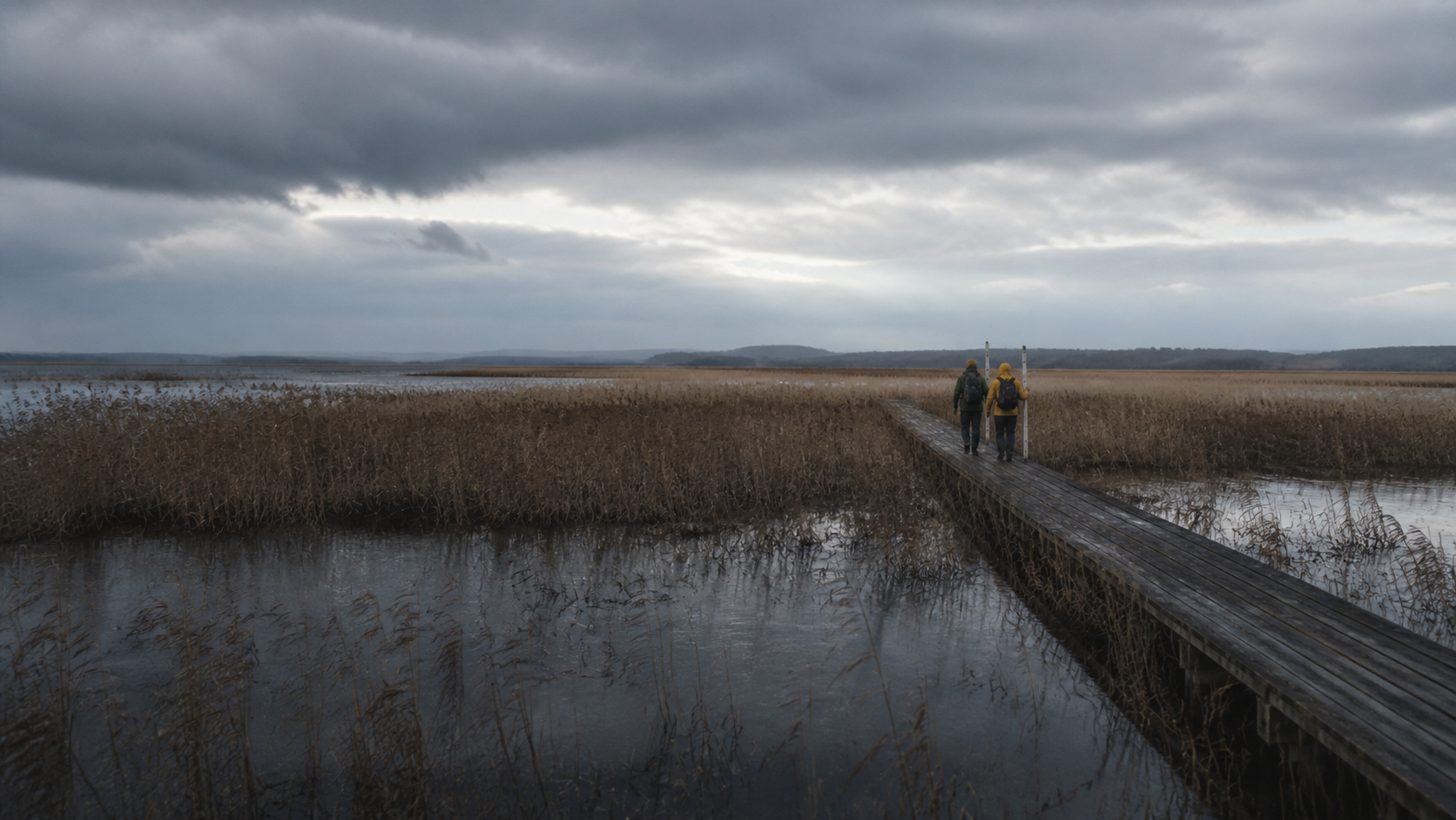 Researchers crossing a winter salt-marsh transect